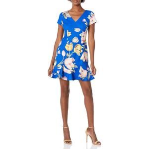 Adrianna Papell Women's Blue Tulip Print Scalloped Flounce Hem Dress Size US 6